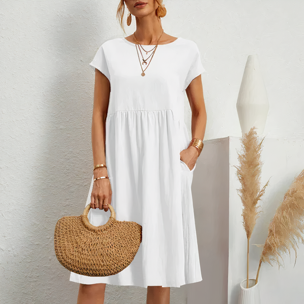 Lina stijlvolle knielange zomerjurk met een licht en ademend ontwerp voor ultiem comfort op warme dagen. Gemaakt van zacht polyester en geschikt voor diverse gelegenheden zoals werk, vakanties en feesten. De perfecte mix van casual en elegantie met een flatterende pasvorm. Verkrijgbaar in wit, khaki, perzik, rode claret, paars, grijs, zwart, donkerblauw, blauw en legergroen, maten XS-2XL. Upgrade je zomergarderobe met Lina en straal moeiteloze stijl uit. Bestel nu!