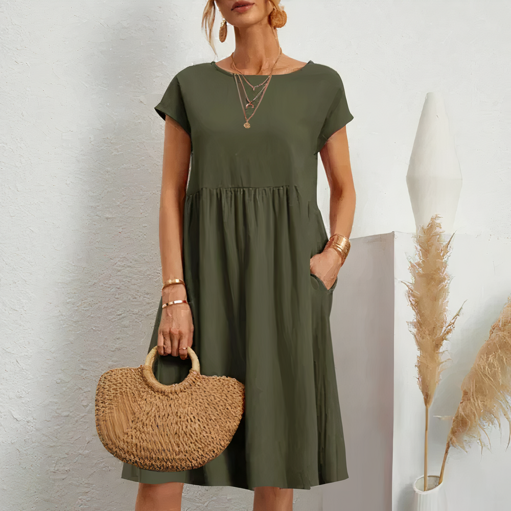 Lina stijlvolle knielange zomerjurk met een licht en ademend ontwerp voor ultiem comfort op warme dagen. Gemaakt van zacht polyester en geschikt voor diverse gelegenheden zoals werk, vakanties en feesten. De perfecte mix van casual en elegantie met een flatterende pasvorm. Verkrijgbaar in wit, khaki, perzik, rode claret, paars, grijs, zwart, donkerblauw, blauw en legergroen, maten XS-2XL. Upgrade je zomergarderobe met Lina en straal moeiteloze stijl uit. Bestel nu!