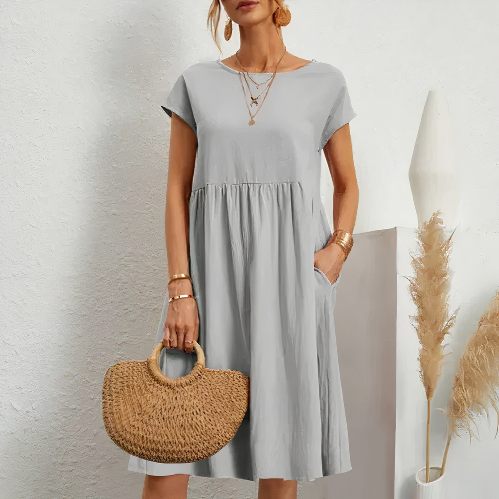 Lina stijlvolle knielange zomerjurk met een licht en ademend ontwerp voor ultiem comfort op warme dagen. Gemaakt van zacht polyester en geschikt voor diverse gelegenheden zoals werk, vakanties en feesten. De perfecte mix van casual en elegantie met een flatterende pasvorm. Verkrijgbaar in wit, khaki, perzik, rode claret, paars, grijs, zwart, donkerblauw, blauw en legergroen, maten XS-2XL. Upgrade je zomergarderobe met Lina en straal moeiteloze stijl uit. Bestel nu!