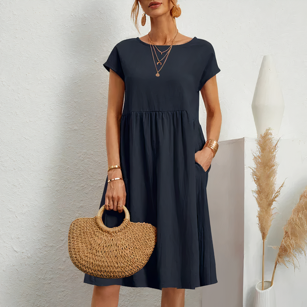 Lina stijlvolle knielange zomerjurk met een licht en ademend ontwerp voor ultiem comfort op warme dagen. Gemaakt van zacht polyester en geschikt voor diverse gelegenheden zoals werk, vakanties en feesten. De perfecte mix van casual en elegantie met een flatterende pasvorm. Verkrijgbaar in wit, khaki, perzik, rode claret, paars, grijs, zwart, donkerblauw, blauw en legergroen, maten XS-2XL. Upgrade je zomergarderobe met Lina en straal moeiteloze stijl uit. Bestel nu!