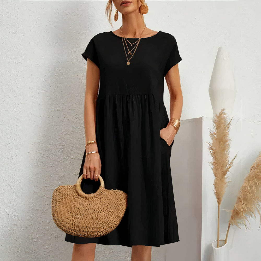 Lina stijlvolle knielange zomerjurk met een licht en ademend ontwerp voor ultiem comfort op warme dagen. Gemaakt van zacht polyester en geschikt voor diverse gelegenheden zoals werk, vakanties en feesten. De perfecte mix van casual en elegantie met een flatterende pasvorm. Verkrijgbaar in wit, khaki, perzik, rode claret, paars, grijs, zwart, donkerblauw, blauw en legergroen, maten XS-2XL. Upgrade je zomergarderobe met Lina en straal moeiteloze stijl uit. Bestel nu!