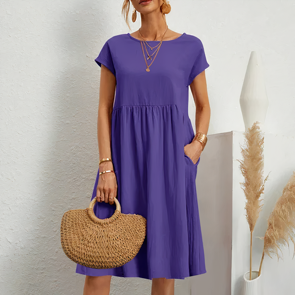 Lina stijlvolle knielange zomerjurk met een licht en ademend ontwerp voor ultiem comfort op warme dagen. Gemaakt van zacht polyester en geschikt voor diverse gelegenheden zoals werk, vakanties en feesten. De perfecte mix van casual en elegantie met een flatterende pasvorm. Verkrijgbaar in wit, khaki, perzik, rode claret, paars, grijs, zwart, donkerblauw, blauw en legergroen, maten XS-2XL. Upgrade je zomergarderobe met Lina en straal moeiteloze stijl uit. Bestel nu!