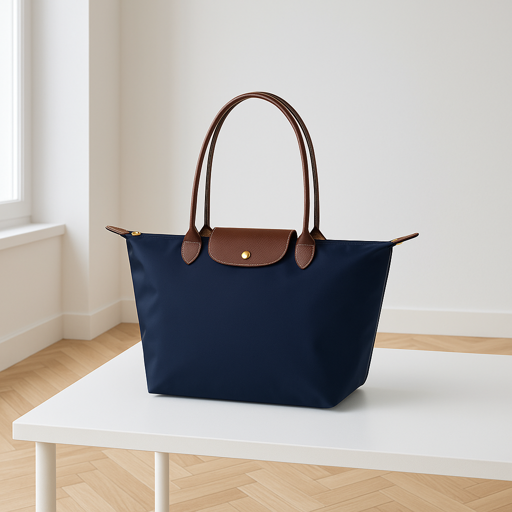 Marineblauwe nylon schoudertas voor dames met bruine leren details, ruime binnenkant en goudkleurige sluiting – waterafstotende, stijlvolle tas voor werk, reizen of dagelijks gebruik.