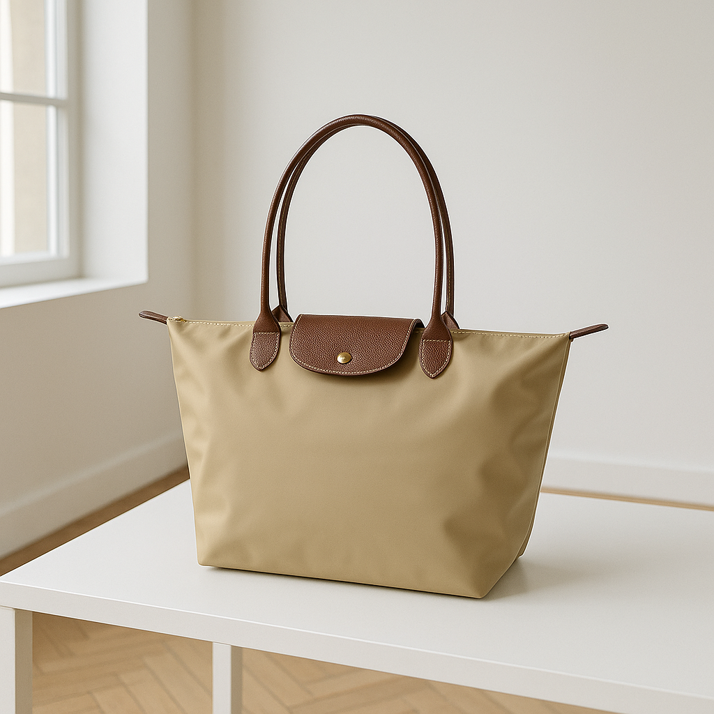 Beige nylon schoudertas voor dames met bruine leren details, ruime binnenkant en goudkleurige sluiting – waterafstotende, stijlvolle tas voor werk, reizen of dagelijks gebruik.