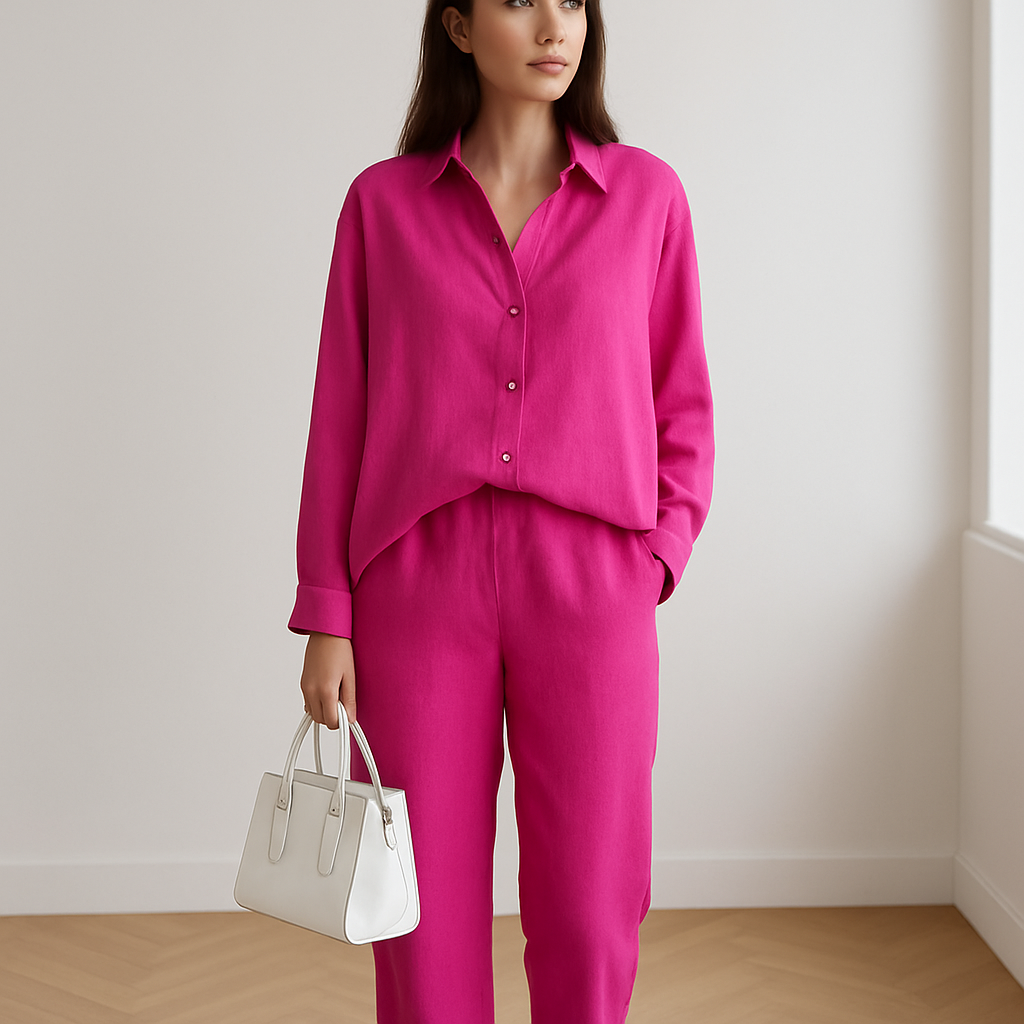 Roze dames loungewear set van linnenlook katoen met elastische broekspijpen en losse blouse – comfortabele en stijlvolle outfit voor thuis of casual dagen.