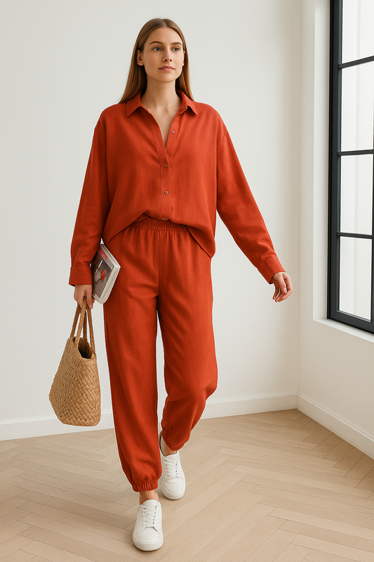 Oranje dames loungewear set van linnenlook katoen met elastische broekspijpen en losse blouse – comfortabele en stijlvolle outfit voor thuis of casual dagen.