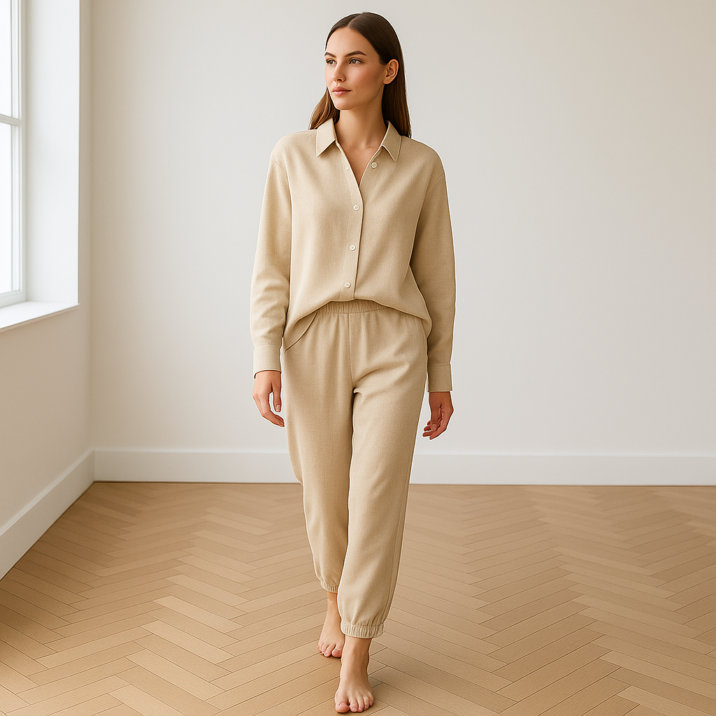 Beige dames loungewear set van linnenlook katoen met elastische broekspijpen en losse blouse – comfortabele en stijlvolle outfit voor thuis of casual dagen.