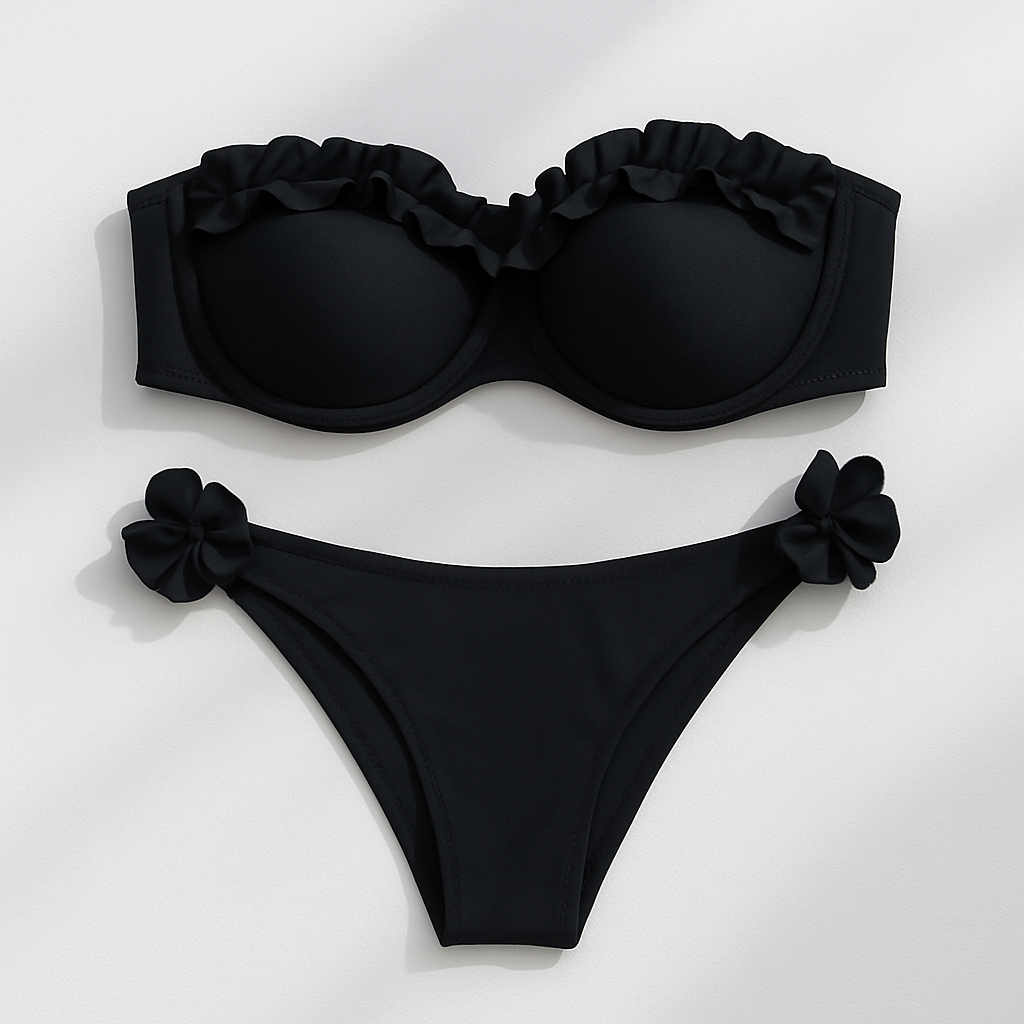 Klassieke zwarte bikini met verfijnde ruffles op de balconette top en aan de zijkanten van het broekje, tijdloos en elegant voor elke gelegenheid aan het water.