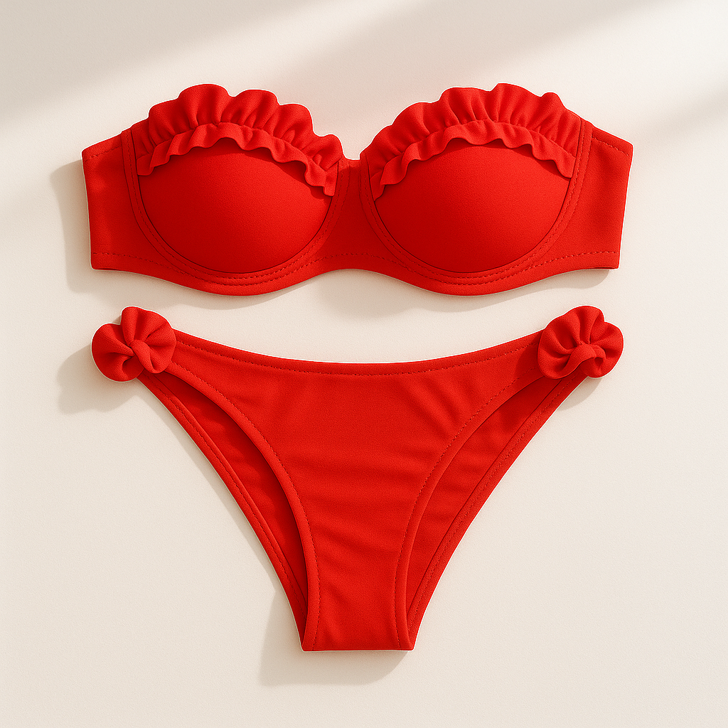 Stijlvolle rode bikini met vrouwelijke ruffle afwerking op de balconette top en heupbanden, ontworpen voor een zelfverzekerde strandoutfit.