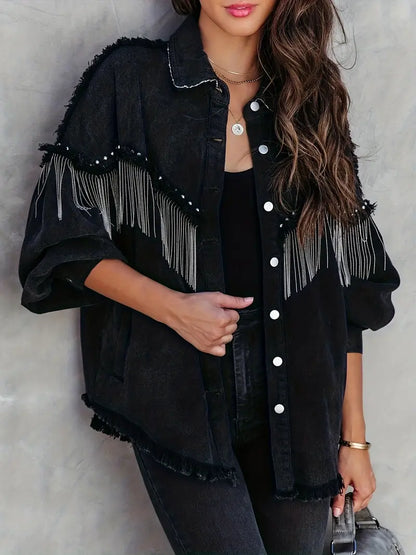 Celia | Zwart Denim Jack met Franjes en Klinknagels