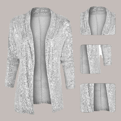 Asenet elegante sequin cardigan met lange mouwen en glanzend open ontwerp voor een luxe uitstraling. Perfect voor feestjes, speciale gelegenheden of om een vleugje glamour aan je dagelijkse look toe te voegen. Gemaakt van zacht polyester voor comfort en bewegingsvrijheid. Verkrijgbaar in zwart, grijs, zilver en champagne, maten S-2XL. Laat je outfit stralen met Asenet en ervaar stijl en elegantie in één. Bestel nu en maak een sprankelende indruk.