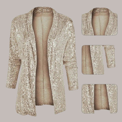Asenet elegante sequin cardigan met lange mouwen en glanzend open ontwerp voor een luxe uitstraling. Perfect voor feestjes, speciale gelegenheden of om een vleugje glamour aan je dagelijkse look toe te voegen. Gemaakt van zacht polyester voor comfort en bewegingsvrijheid. Verkrijgbaar in zwart, grijs, zilver en champagne, maten S-2XL. Laat je outfit stralen met Asenet en ervaar stijl en elegantie in één. Bestel nu en maak een sprankelende indruk.