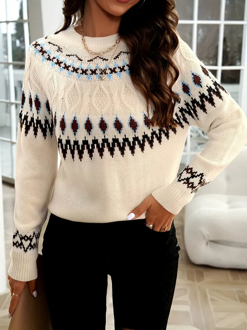 Regina trui met klassiek Fair Isle-patroon – een stijlvolle en warme essential voor de koude maanden. Met een relaxte pasvorm en elegante uitstraling biedt deze trui comfort en tijdloze charme. Perfect te combineren met jeans, leggings of rokken voor casual uitjes, winterse bijeenkomsten of gezellige avonden. Verkrijgbaar in beige, maten S-XL. Voeg verfijning en warmte toe aan je garderobe met de Regina. Bestel nu!