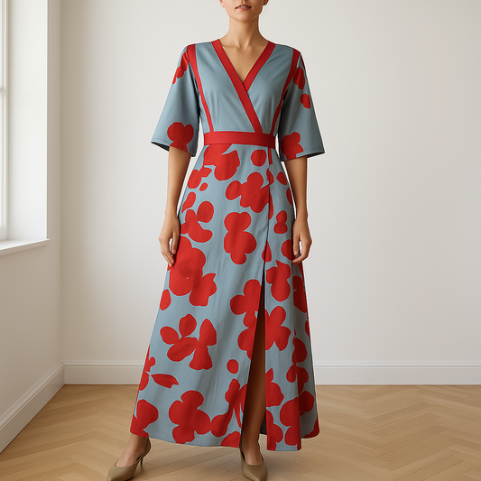 Vrouw in stijlvolle blauwe maxi-jurk met rode bloemenprint, 3/4-mouwen en elegante V-hals, staand in een lichte moderne kamer met houten visgraatvloer – perfecte outfit voor bruiloften, diners of formele gelegenheden.
