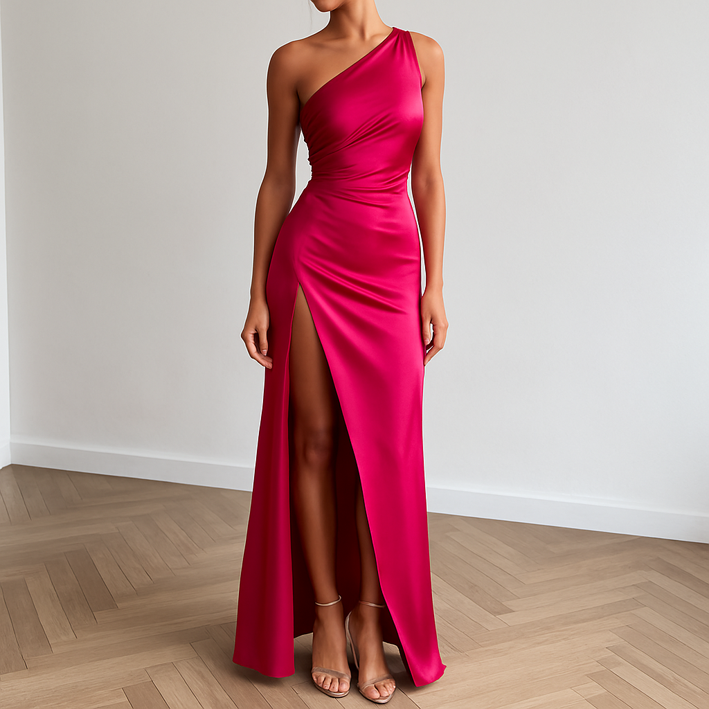 vrouw in elegante satijnen maxi jurk met hoge split en enkel-schouder design
