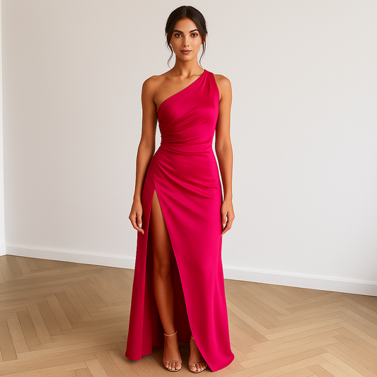 vrouw in elegante satijnen maxi jurk met hoge split en enkel-schouder design