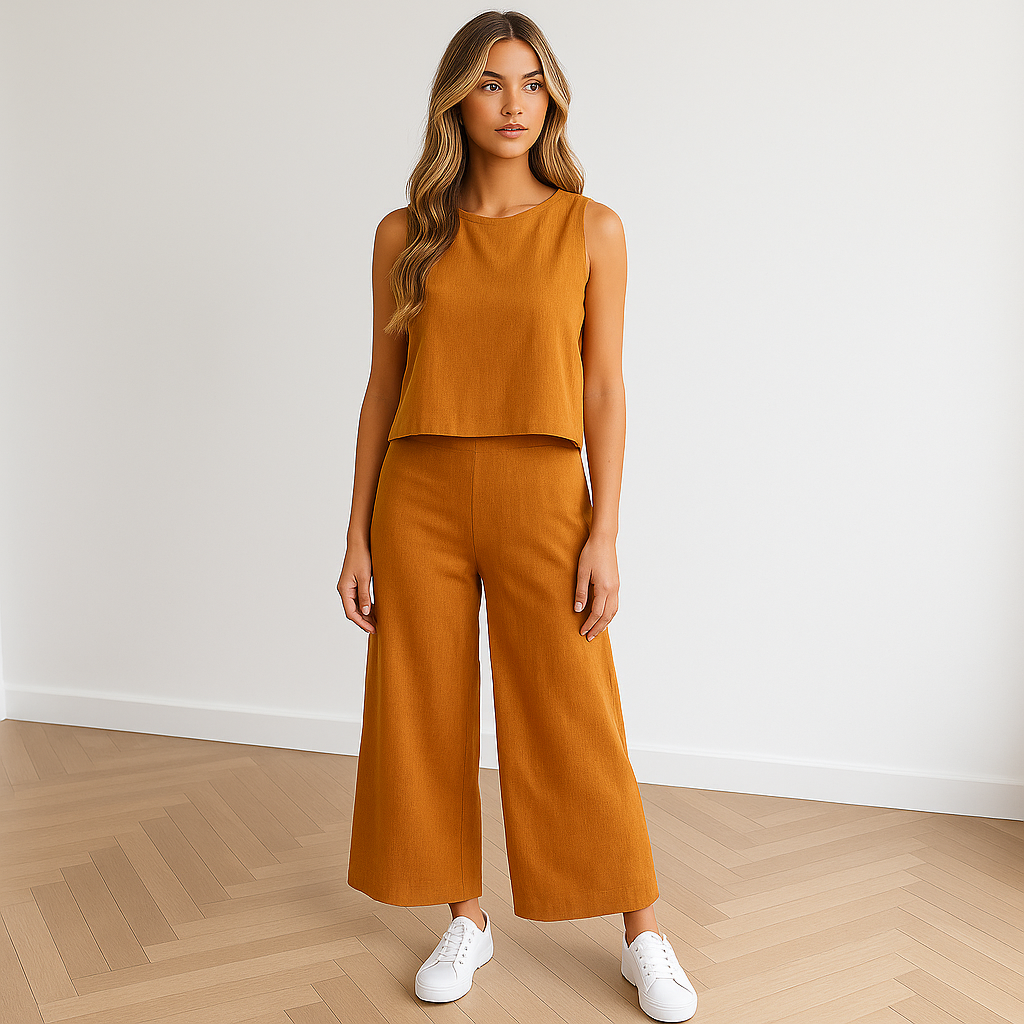 Tessaura linnen set: elegante en ademende set met mouwloos topje en stijlvolle broek, perfect voor zomerse gelegenheden. Gemaakt van hoogwaardige linnen stof voor comfort en een koel gevoel op warme dagen. Verkrijgbaar in Beige, Grijs, Wit, Zwart, Bruin en Blauw, in maten XS t/m 2XL. Combineer tijdloze stijl met moeiteloos draagcomfort. Bestel nu de Tessaura set en upgrade je zomergarderobe met verfijning en elegantie!