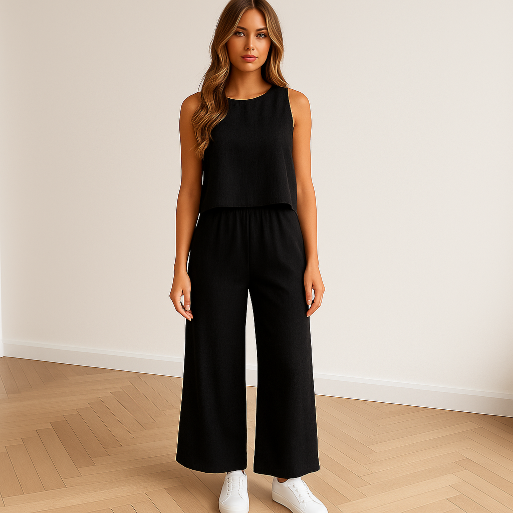 Tessaura linnen set: elegante en ademende set met mouwloos topje en stijlvolle broek, perfect voor zomerse gelegenheden. Gemaakt van hoogwaardige linnen stof voor comfort en een koel gevoel op warme dagen. Verkrijgbaar in Beige, Grijs, Wit, Zwart, Bruin en Blauw, in maten XS t/m 2XL. Combineer tijdloze stijl met moeiteloos draagcomfort. Bestel nu de Tessaura set en upgrade je zomergarderobe met verfijning en elegantie!