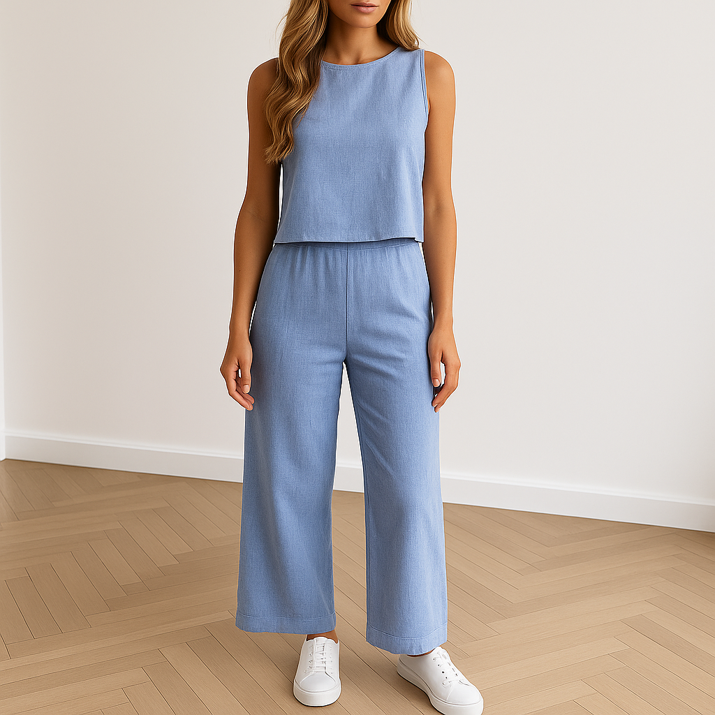 Tessaura linnen set: elegante en ademende set met mouwloos topje en stijlvolle broek, perfect voor zomerse gelegenheden. Gemaakt van hoogwaardige linnen stof voor comfort en een koel gevoel op warme dagen. Verkrijgbaar in Beige, Grijs, Wit, Zwart, Bruin en Blauw, in maten XS t/m 2XL. Combineer tijdloze stijl met moeiteloos draagcomfort. Bestel nu de Tessaura set en upgrade je zomergarderobe met verfijning en elegantie!