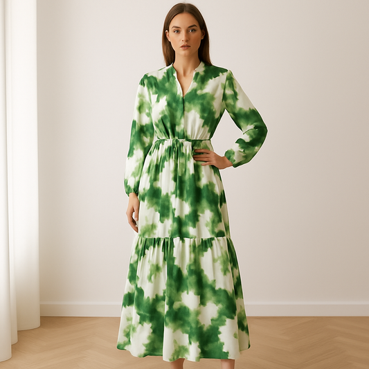 Vrouw in een elegante, lange maxi-jurk met groen-wit bloemenpatroon, gemaakt van luchtige stof. De jurk heeft lange mouwen, een strikceintuur in de taille en een vloeiende rok zonder naad onder de knie. Beschikbaar in maten S t/m 2XL.