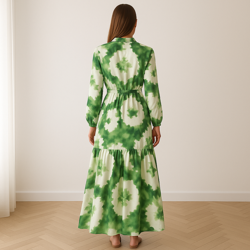 Vrouw in een elegante, lange maxi-jurk met groen-wit bloemenpatroon, gemaakt van luchtige stof. De jurk heeft lange mouwen, een strikceintuur in de taille en een vloeiende rok zonder naad onder de knie. Beschikbaar in maten S t/m 2XL.