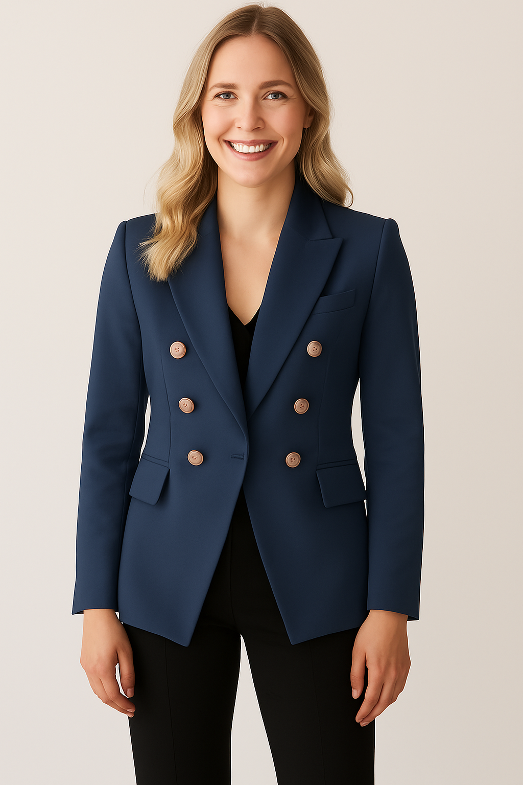vrouw in elegante getailleerde blazer dubbelgenkoopt. 