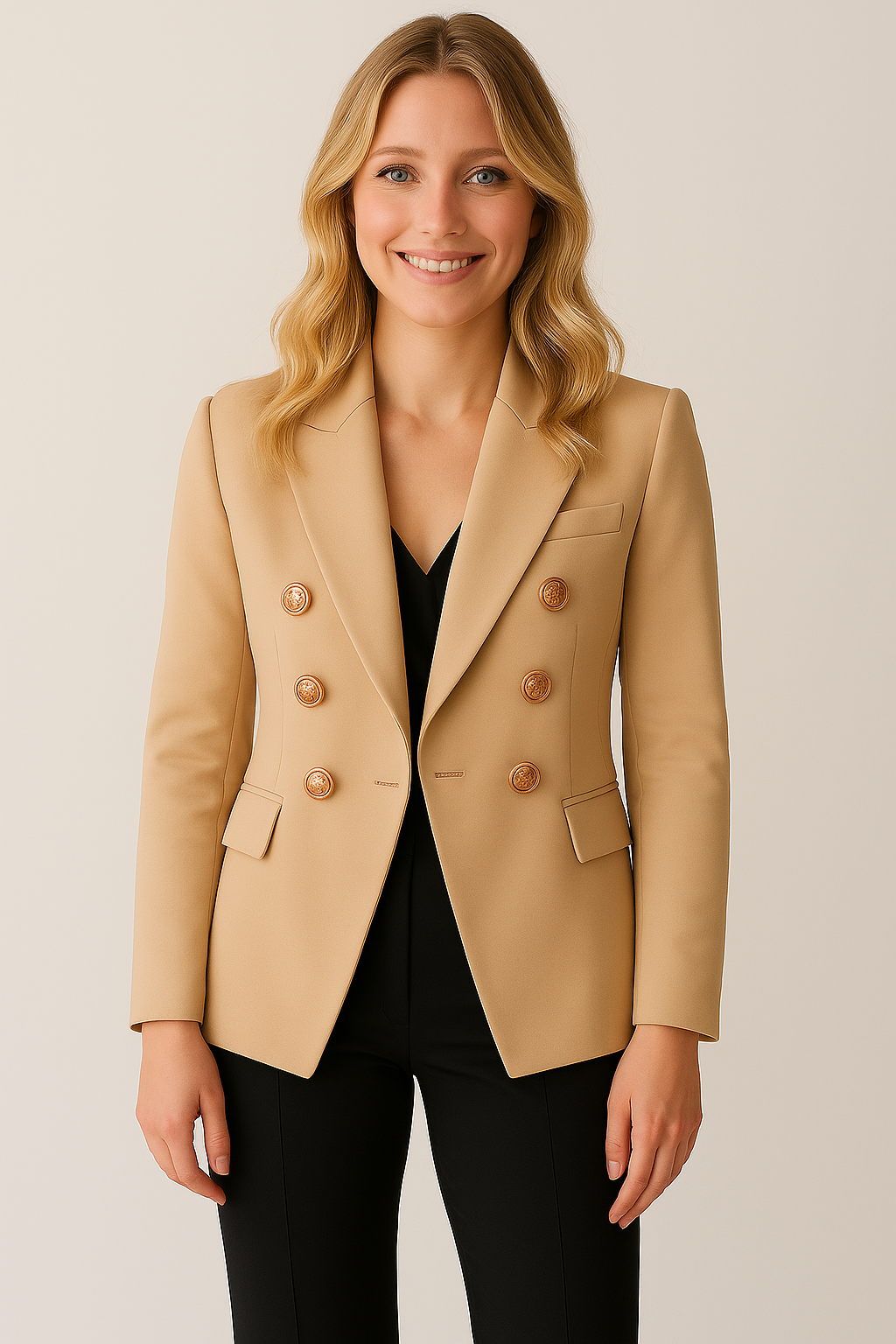 vrouw in elegante getailleerde blazer dubbelgenkoopt. 