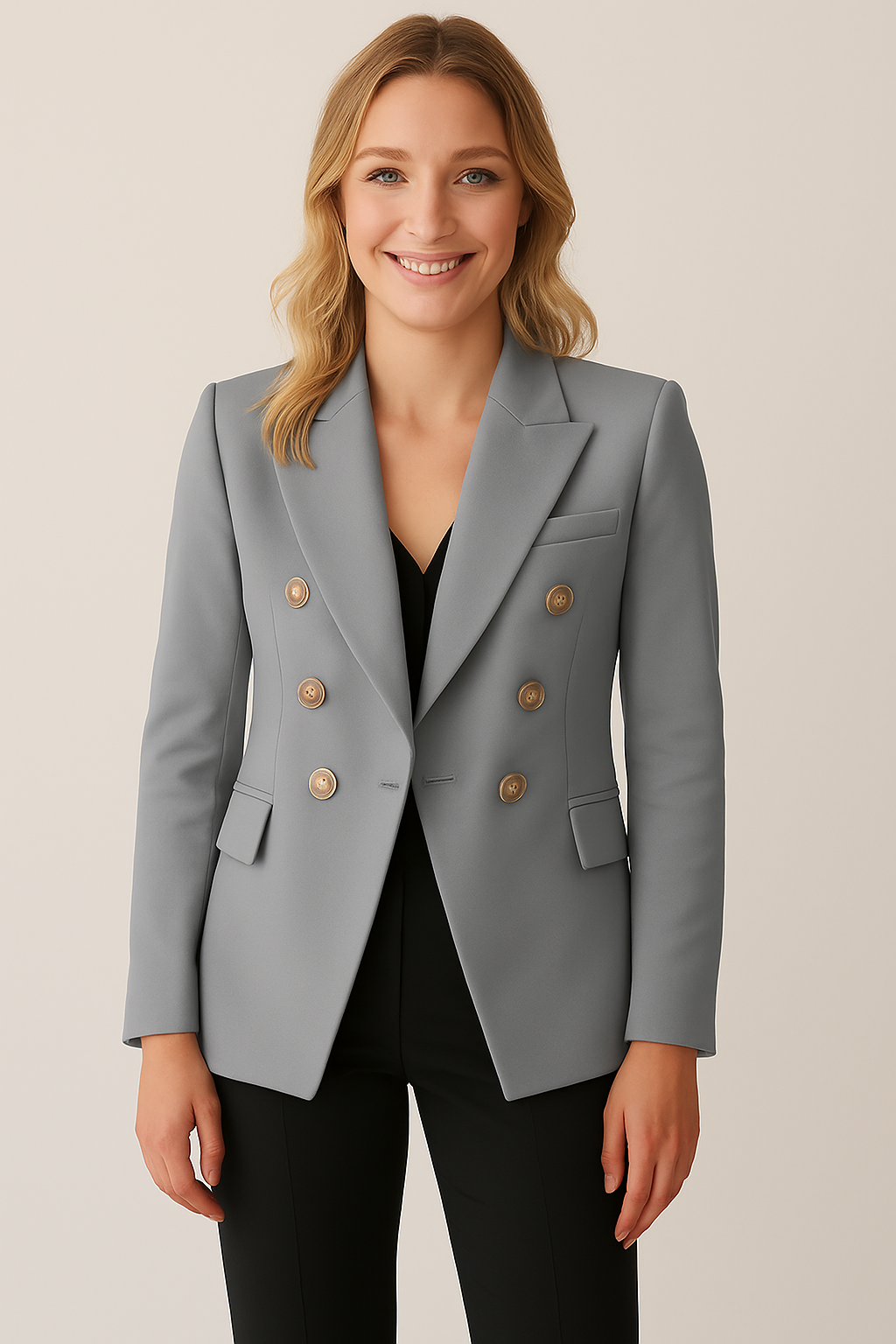 vrouw in elegante getailleerde blazer dubbelgenkoopt. 