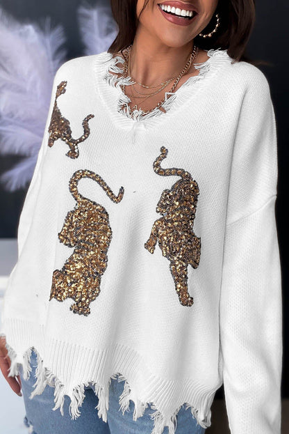 Monroe | Witte trui met rafelige details en pailletten