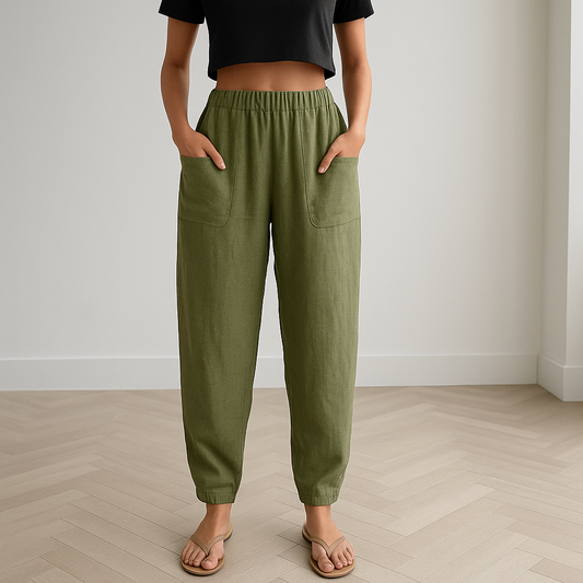 Sue Boho Broek - Voeg zorgeloze zomerstijl toe aan je garderobe met Sue, een hoog getailleerde broek met een losvallend silhouet en functionele zakken. Gemaakt van een ademende mix van katoen en linnen voor ultiem comfort op warme dagen. Perfect voor vakanties, strandwandelingen of casual uitstapjes. Verkrijgbaar in donkerblauw, paars, lichtblauw, zwart, wit, grijs, rood, groen en bruin, in maten XS-4XL. Bestel nu en geniet van moeiteloze boho-elegantie!