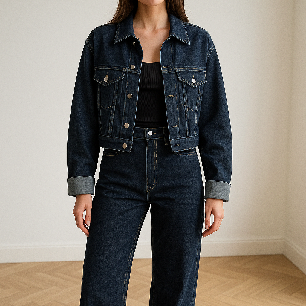 Vrouw draagt een trendy denim set voor dames met wide leg jeans en cropped spijkerjasje, perfect als streetwear co-ord outfit voor dagelijks gebruik of avondje uit – stijlvolle en comfortabele look in premium blauwe denim.