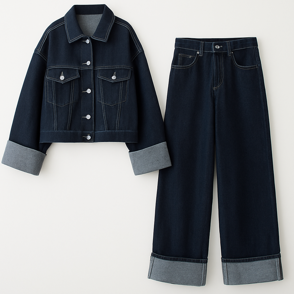 Vrouw draagt een trendy denim set voor dames met wide leg jeans en cropped spijkerjasje, perfect als streetwear co-ord outfit voor dagelijks gebruik of avondje uit – stijlvolle en comfortabele look in premium blauwe denim.