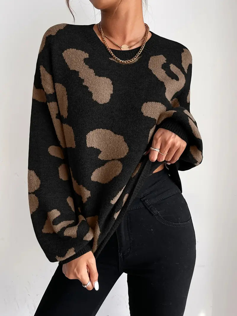 Trendy luipaardpatroon, comfortabele pasvorm en veelzijdige stijl: de Oralie trui biedt gedurfde elegantie en ultiem comfort. Perfect voor casual uitjes of avondbijeenkomsten, met chique zwart/kameel tinten die elke outfit versterken. Bestel nu en voeg een stijlvolle edge toe aan je garderobe!