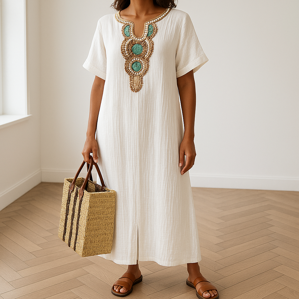 Eshun kaftan maxi-jurk – een combinatie van verfijning en comfort. Met elegante borduursels, een hoge split en een ademende mix van katoen en linnen voor ultiem draaggemak. Perfect voor zomerse dagen, stranduitjes of chique gelegenheden. Verkrijgbaar in wit, roze, grijs en blauw, in maten XS-2XL. Een tijdloze toevoeging aan je garderobe. Bestel nu en ervaar moeiteloze elegantie en stijl!