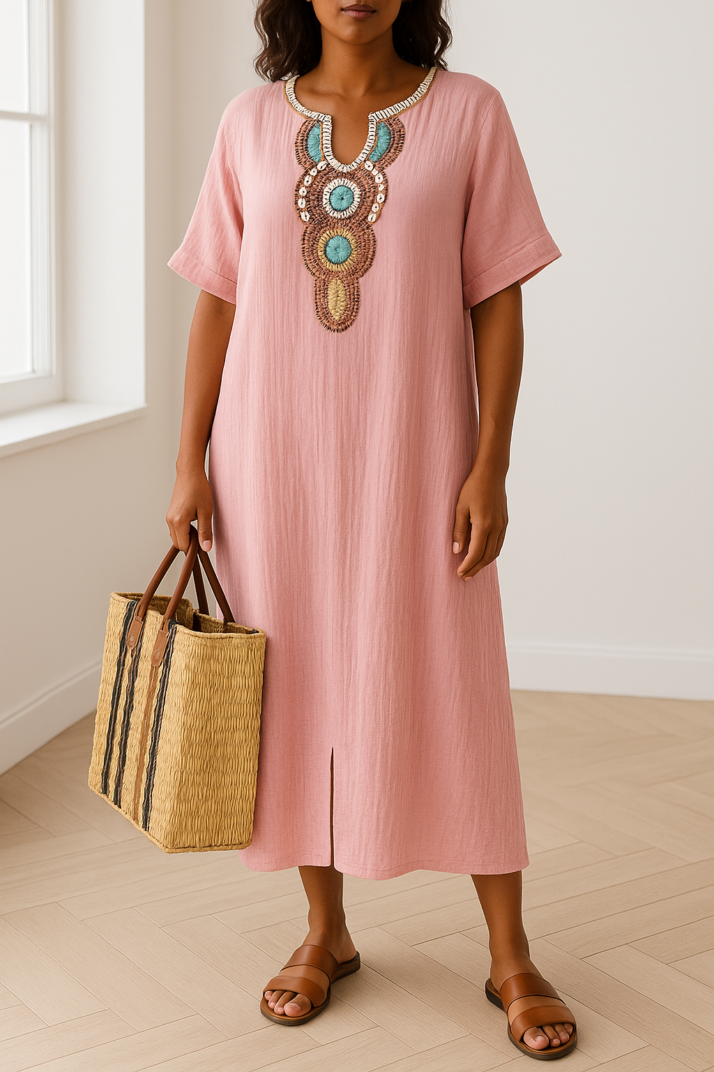 Eshun kaftan maxi-jurk – een combinatie van verfijning en comfort. Met elegante borduursels, een hoge split en een ademende mix van katoen en linnen voor ultiem draaggemak. Perfect voor zomerse dagen, stranduitjes of chique gelegenheden. Verkrijgbaar in wit, roze, grijs en blauw, in maten XS-2XL. Een tijdloze toevoeging aan je garderobe. Bestel nu en ervaar moeiteloze elegantie en stijl!