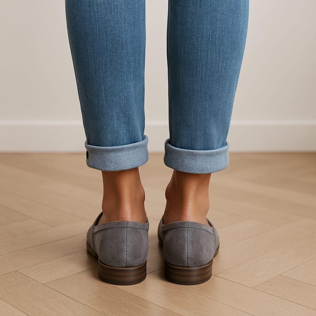 vrouw in luxe puntige suede loafers 