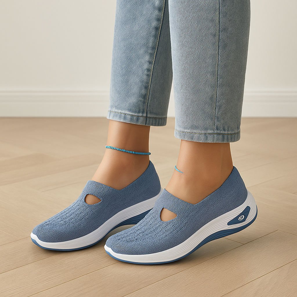 vrouw met orthopedische comfortbale luchtige instappers met sneaker styling