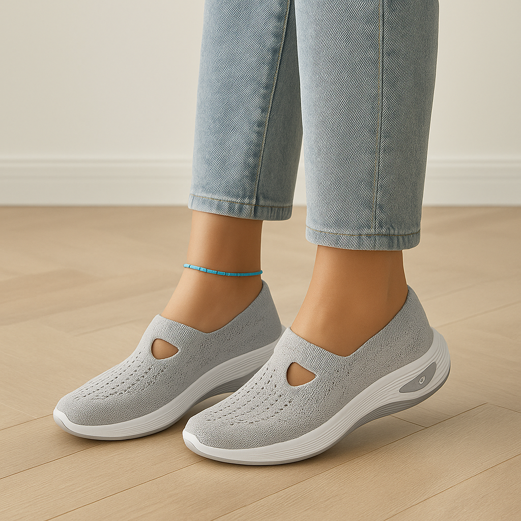 vrouw met orthopedische comfortbale luchtige instappers met sneaker styling
