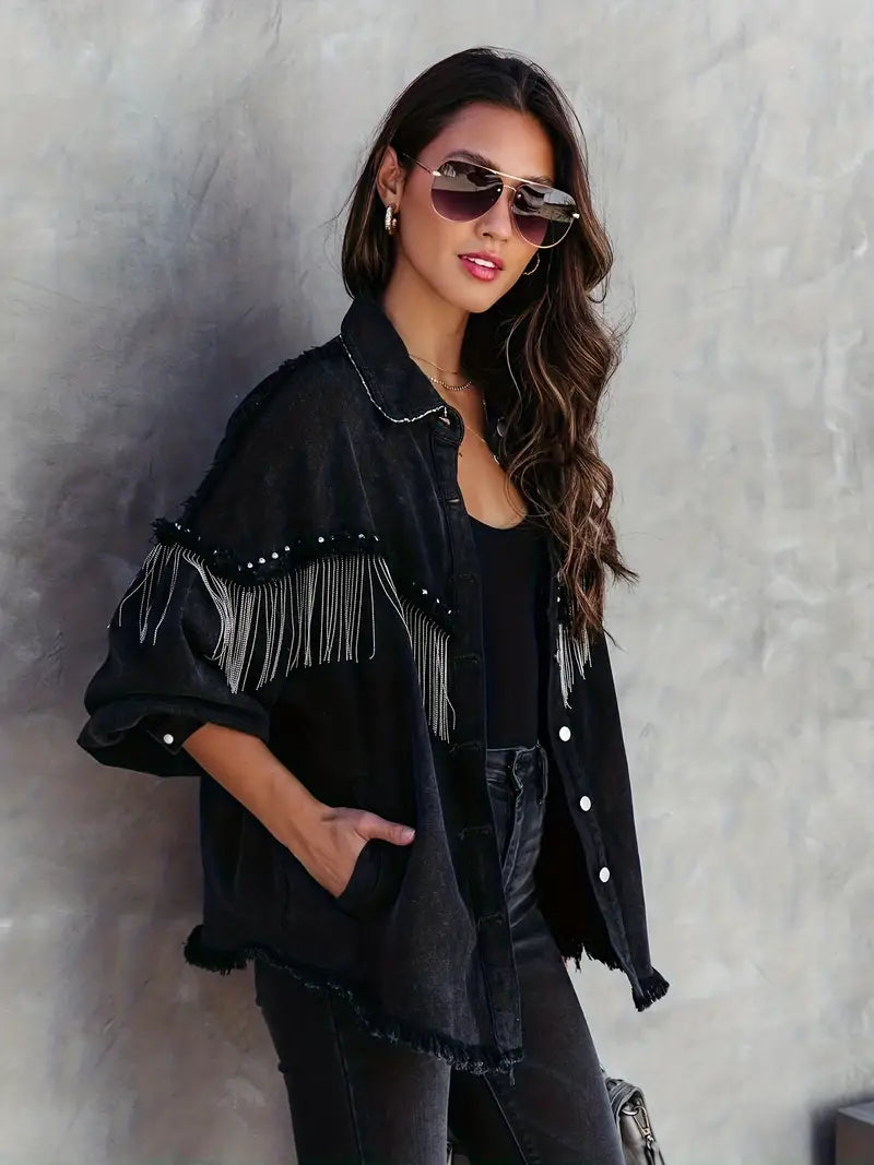 Celia | Zwart Denim Jack met Franjes en Klinknagels