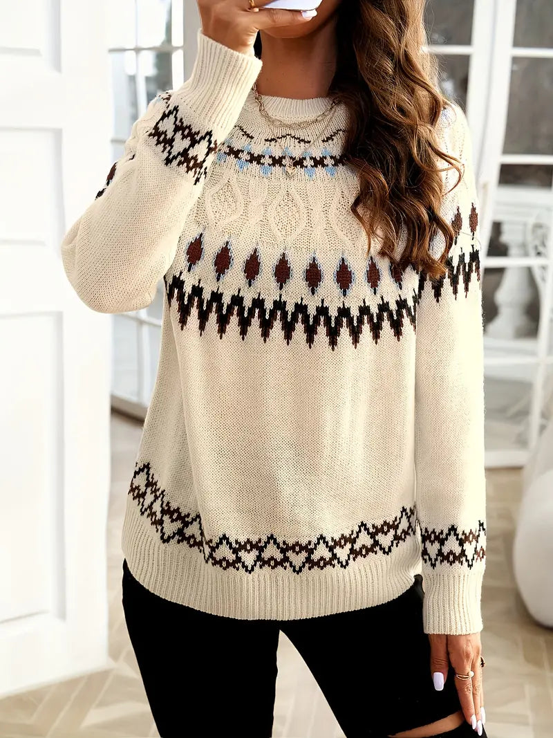 Regina trui met klassiek Fair Isle-patroon – een stijlvolle en warme essential voor de koude maanden. Met een relaxte pasvorm en elegante uitstraling biedt deze trui comfort en tijdloze charme. Perfect te combineren met jeans, leggings of rokken voor casual uitjes, winterse bijeenkomsten of gezellige avonden. Verkrijgbaar in beige, maten S-XL. Voeg verfijning en warmte toe aan je garderobe met de Regina. Bestel nu!