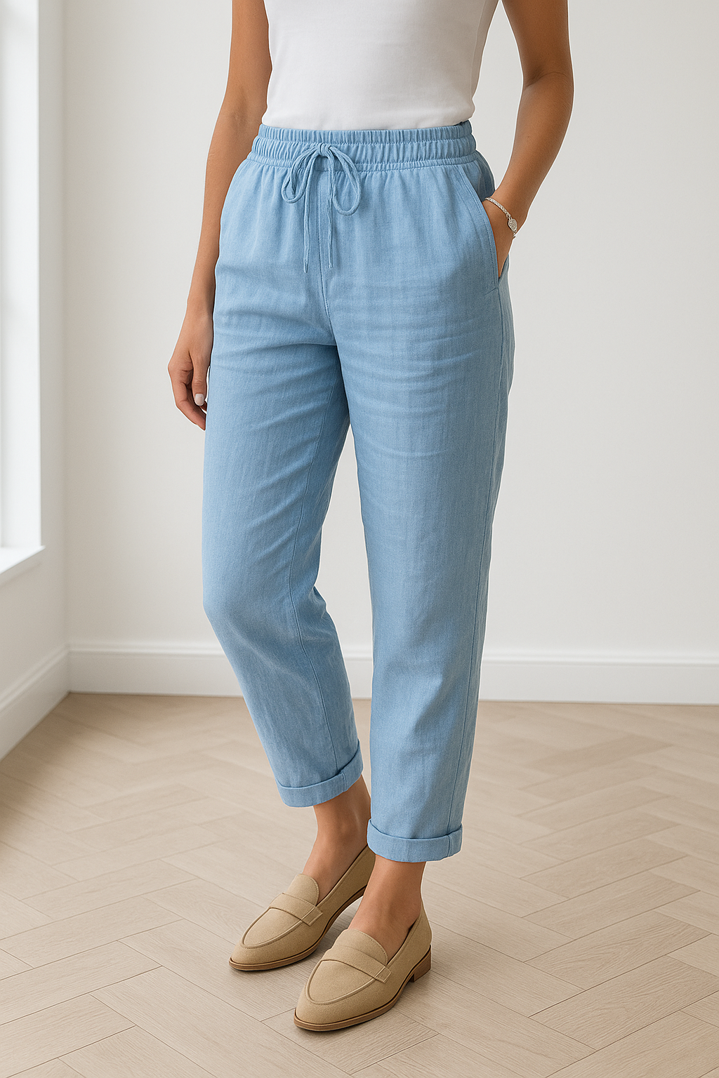 Lichtblauwe linnen broek voor dames, gecombineerd met beige loafers in een rustige, stijlvolle ruimte,