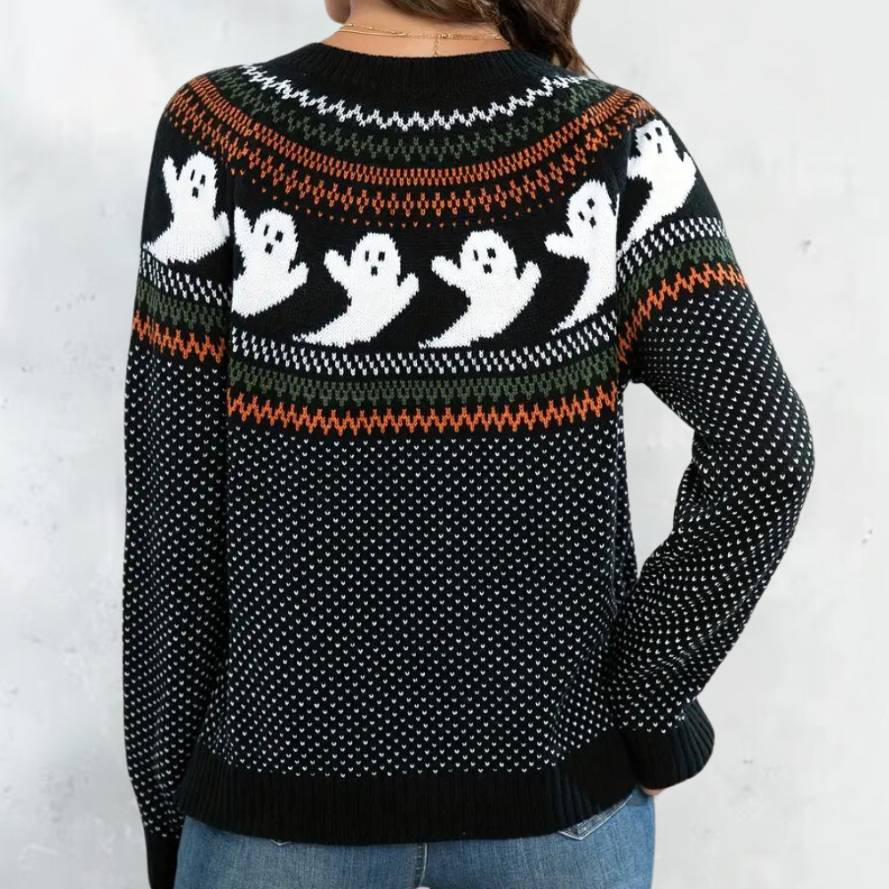 Cisca cardigan met Halloween-motieven, zachte en warme knit met open pasvorm. Perfecte herfsttrui voor casual looks en feestelijke gelegenheden.