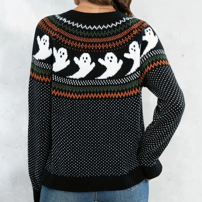Cisca cardigan met Halloween-motieven, zachte en warme knit met open pasvorm. Perfecte herfsttrui voor casual looks en feestelijke gelegenheden.
