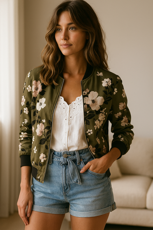 Kaelin | Trendy Bomberjack met Bloemenpatroon