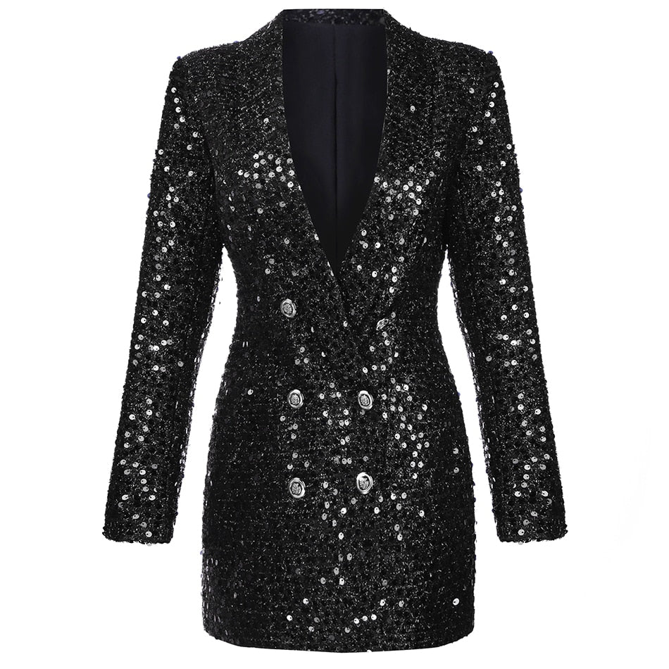 Jantine Blazerjurk - Elegante zwarte blazerjurk met glinsterende stof, sjawl kraag en dubbele knoopsluiting. Gemaakt van een flexibele polyester-spandex mix voor een flatterende en comfortabele pasvorm. Ideaal voor cocktailfeesten, chique bijeenkomsten en stijlvolle avondgelegenheden. Combineer glamour en comfort met de Jantine Blazerjurk. Bestel nu en straal elegantie en verfijning uit!