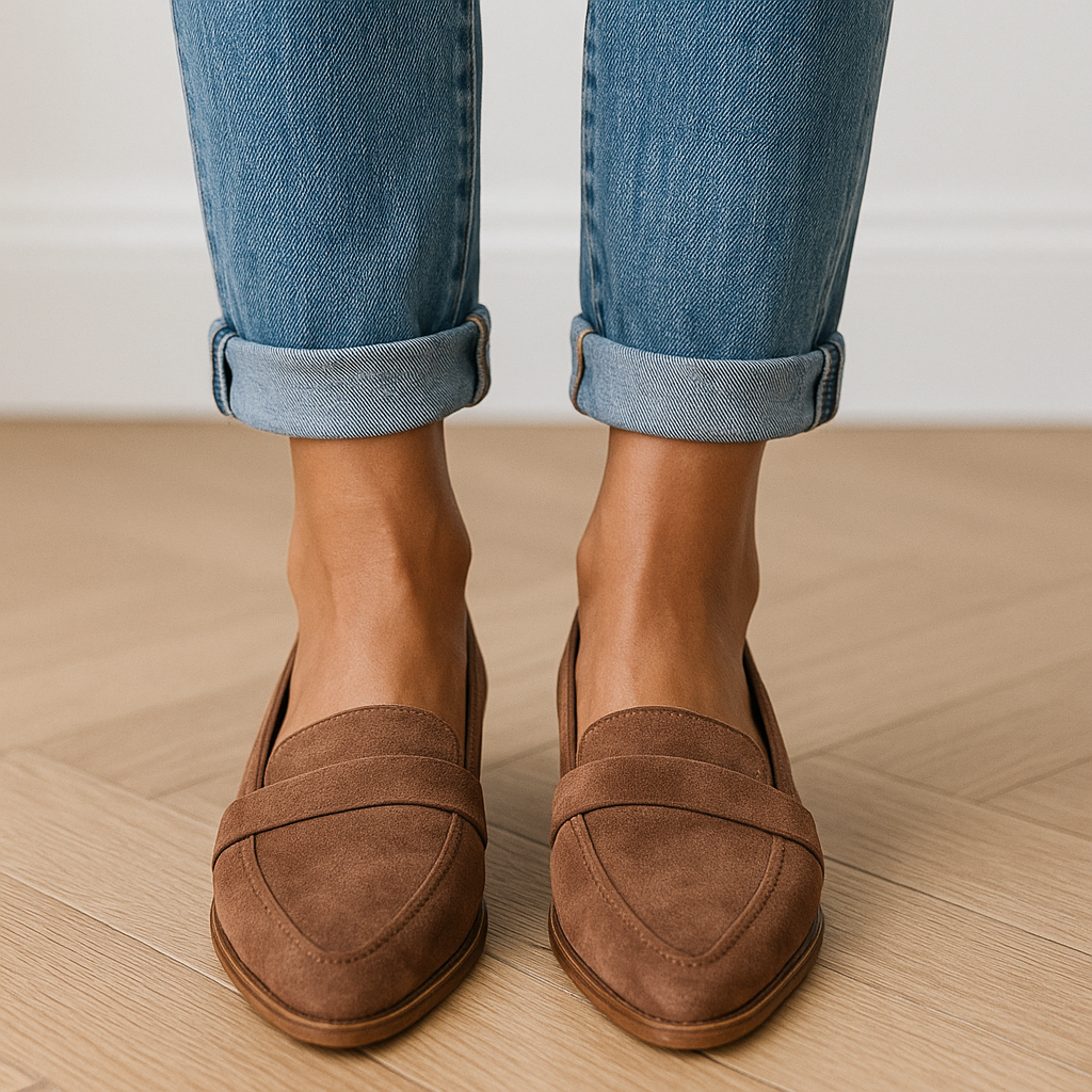 vrouw in luxe suede loafers 