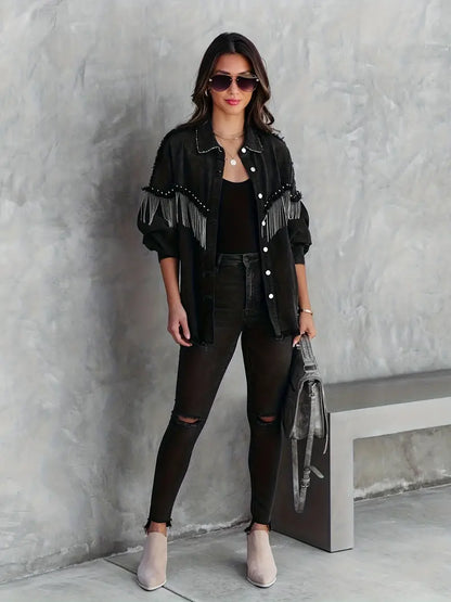 Celia | Zwart Denim Jack met Franjes en Klinknagels