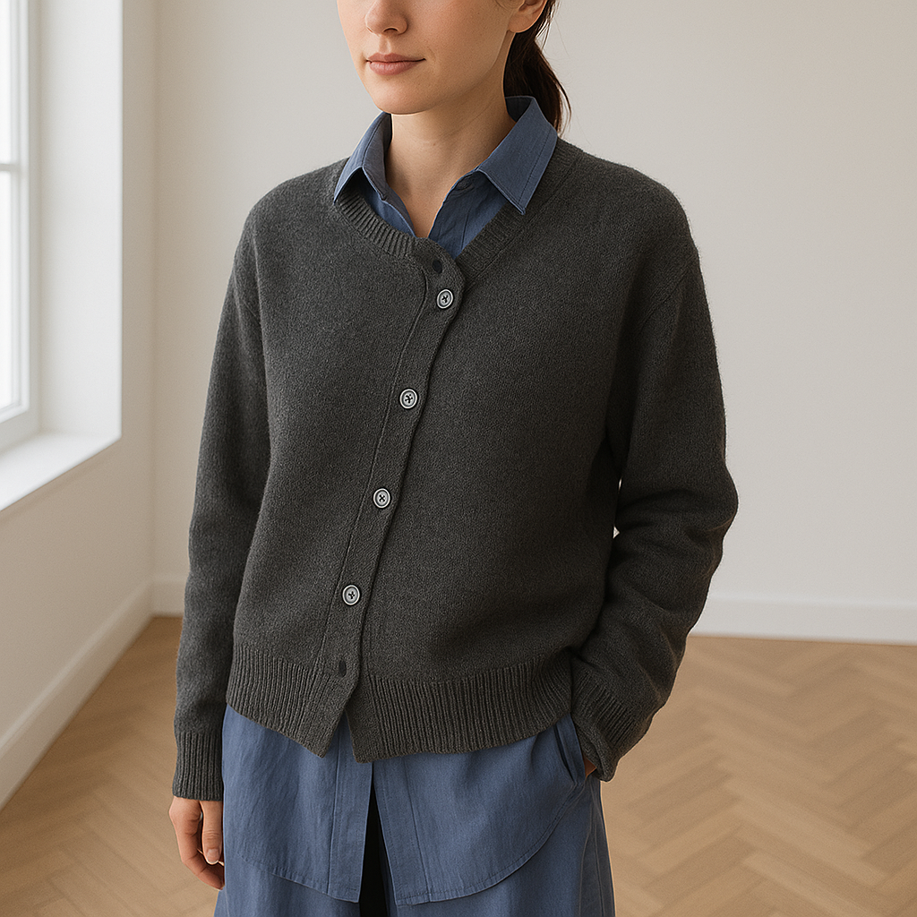 vrouw in comfortabel kasjmier vest Norah met assymmetrische knoopsluiting en oversized fit. 