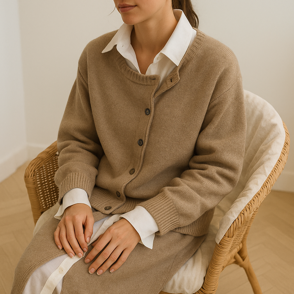 vrouw in comfortabel kasjmier vest Norah met assymmetrische knoopsluiting en oversized fit. 