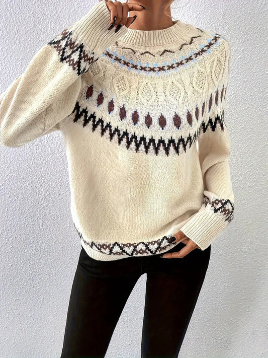 Regina trui met klassiek Fair Isle-patroon – een stijlvolle en warme essential voor de koude maanden. Met een relaxte pasvorm en elegante uitstraling biedt deze trui comfort en tijdloze charme. Perfect te combineren met jeans, leggings of rokken voor casual uitjes, winterse bijeenkomsten of gezellige avonden. Verkrijgbaar in beige, maten S-XL. Voeg verfijning en warmte toe aan je garderobe met de Regina. Bestel nu!